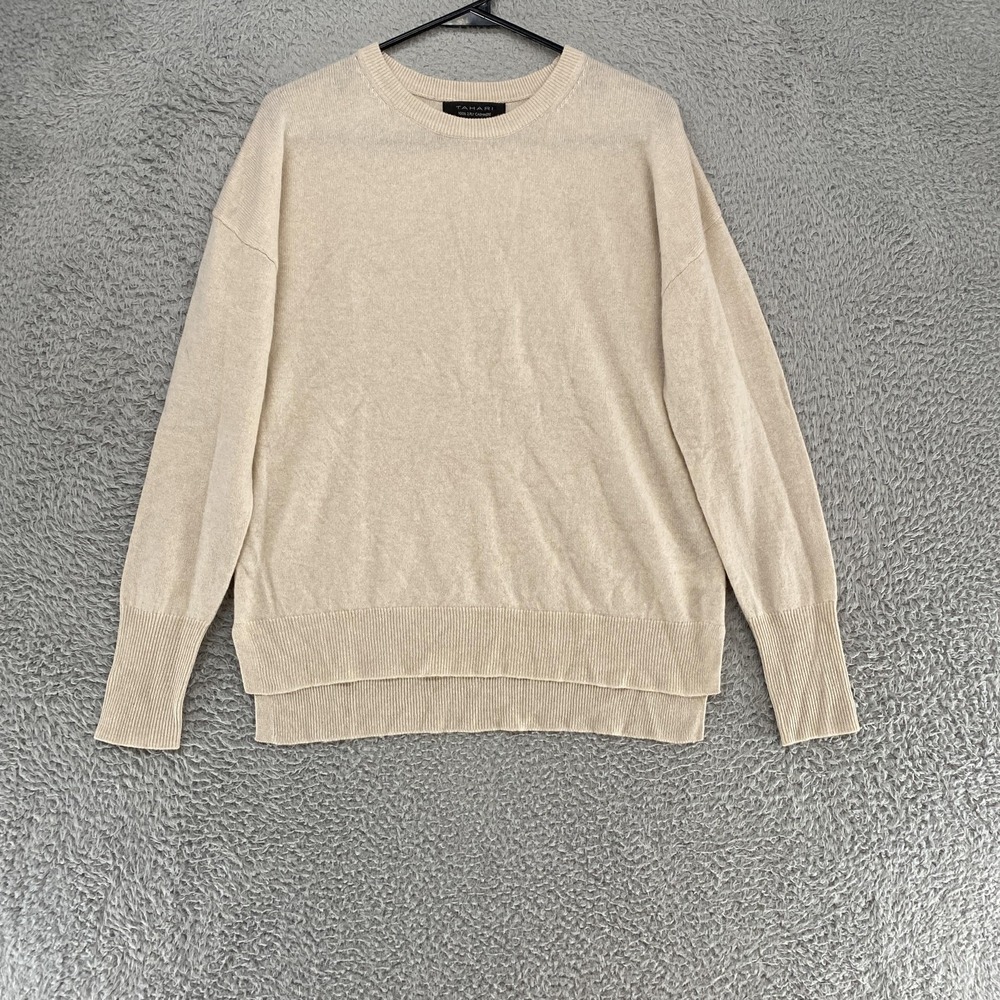 Tahari 100% Cashmere Sweater Womens Small Beige Clean Girl Knit Minimalist